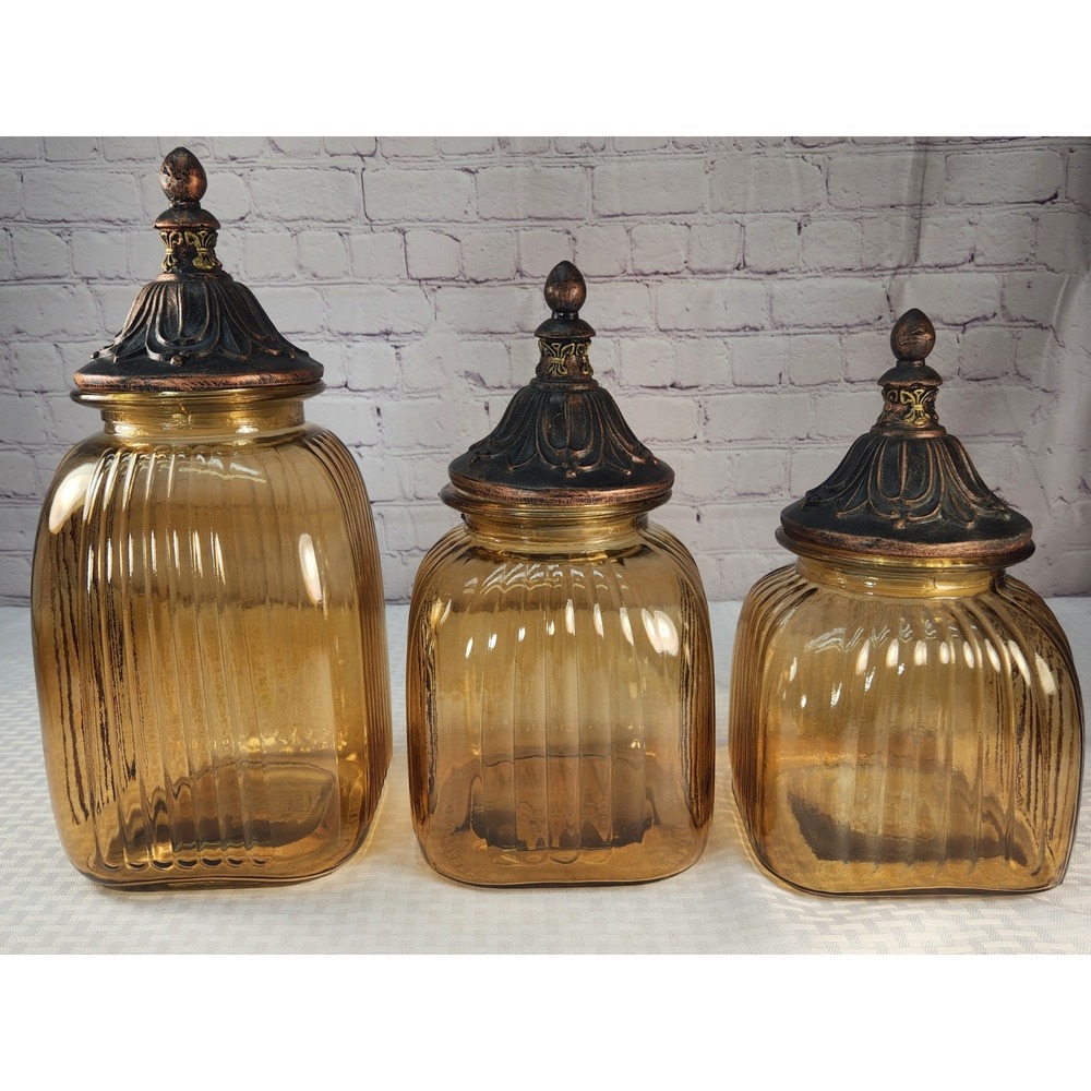 ( 3 ) Vintage Amber Ribbed Glass Canister/Jar Set with Ornate Lid 15in 13in 12in